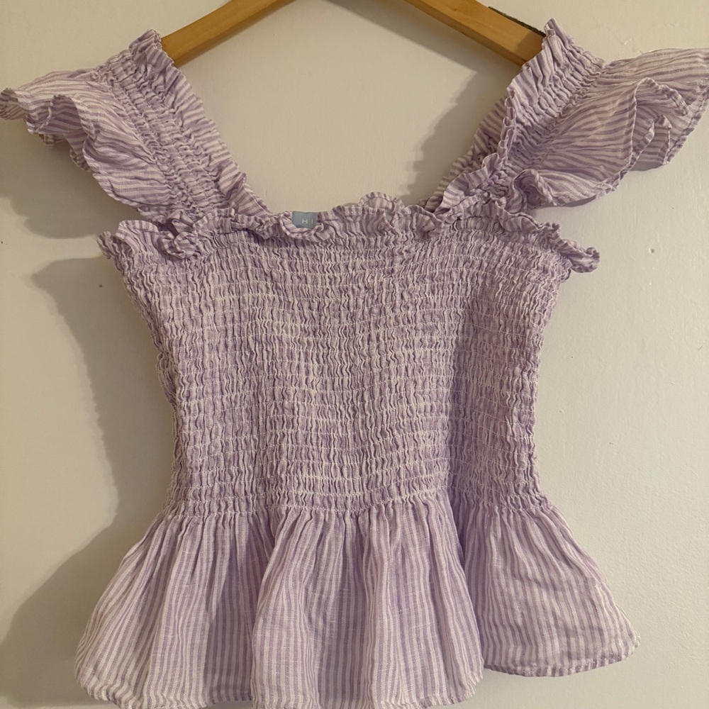 Hill House The Paz Top Linen Women's Size S Lilac Stripe - Picture 2 of 7